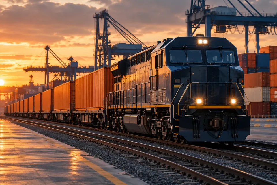 Orta Asya nakliye için demiryolu hattında ilerleyen konteyner treni, Orta Koridor blok tren taşımacılığı