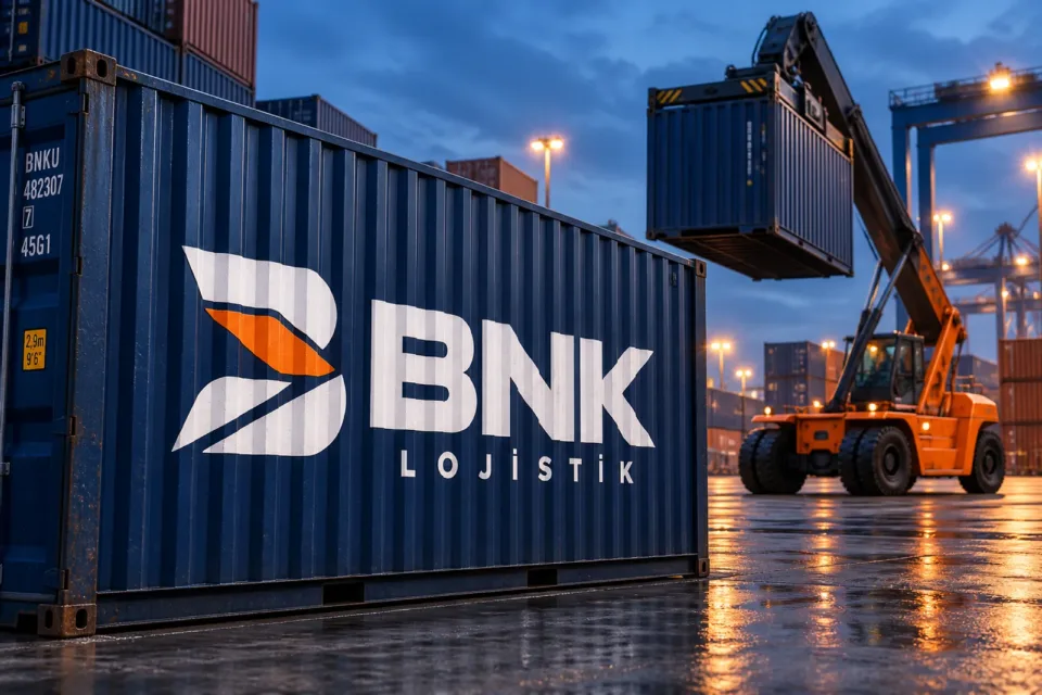 Limanda BNK logolu lacivert konteyneri taşıyan turuncu reach stacker; uluslararası lojistik firması sahası