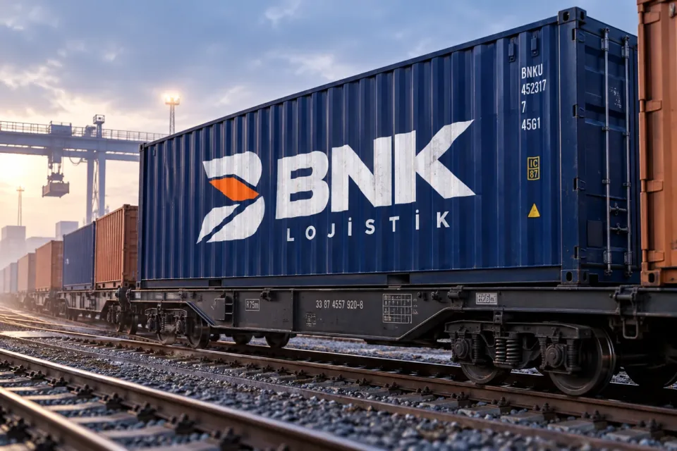 Demiryolu terminalinde vagon üzerinde BNK logolu konteyner, Türkiye'den Çin'e nakliye için yüklemeye hazır