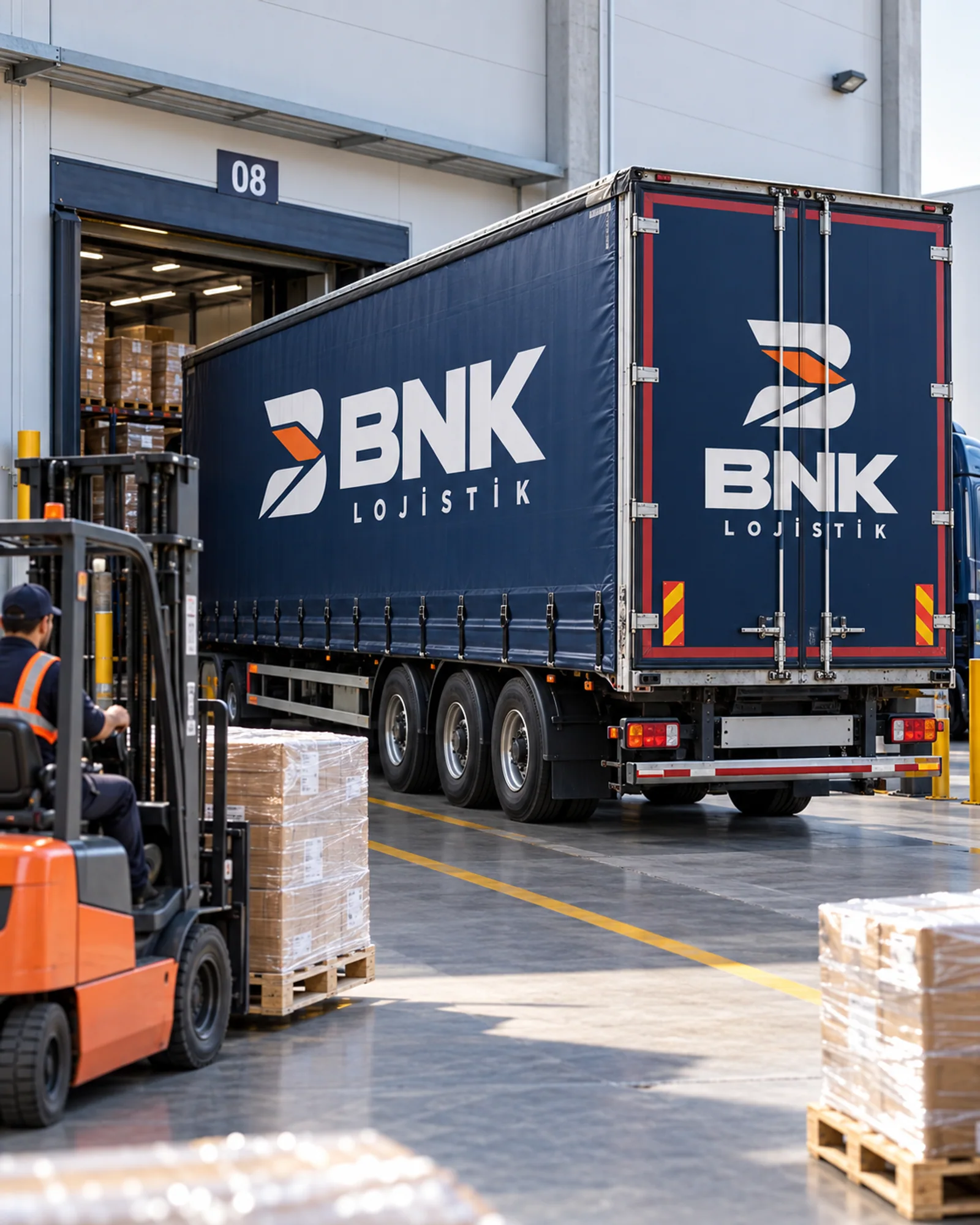 BNK markalı dorse ve depoda palet y&uuml;kleme sahnesi